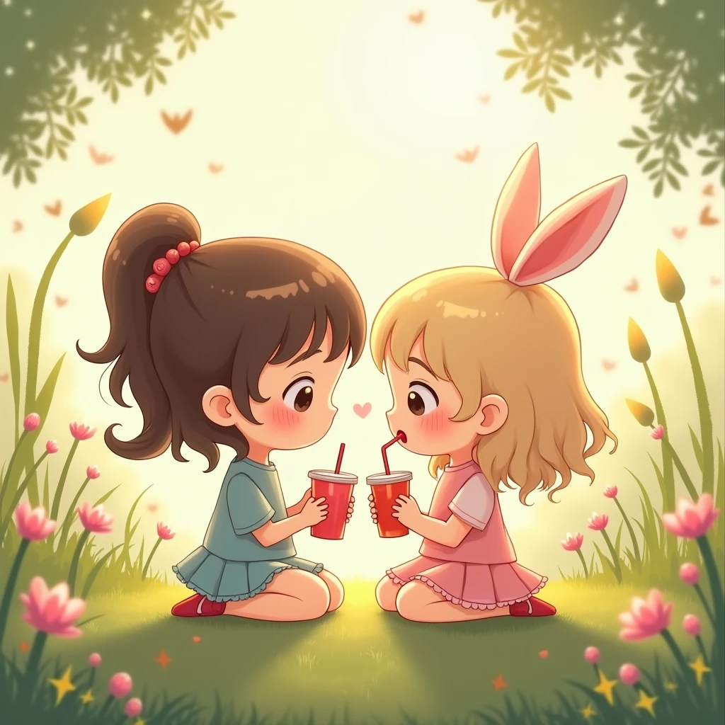 a humanised image of a girl drinking paperboat juice with her bf along her