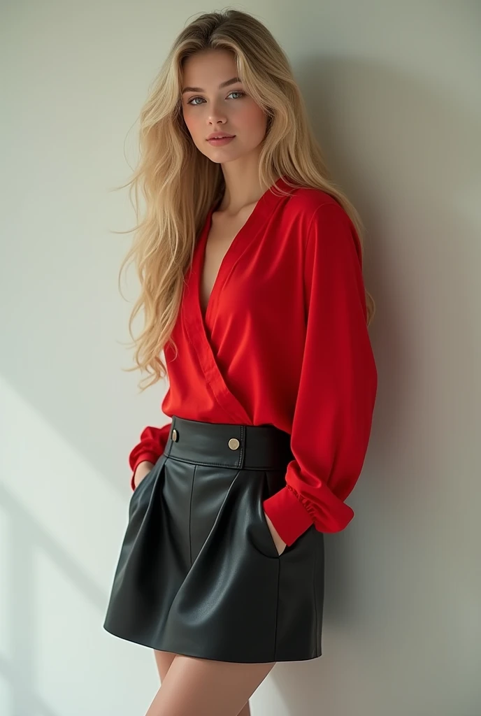 Make a beautiful teenage girl with long, wavy blonde hair, with a red blouse and a short black leather skirt.