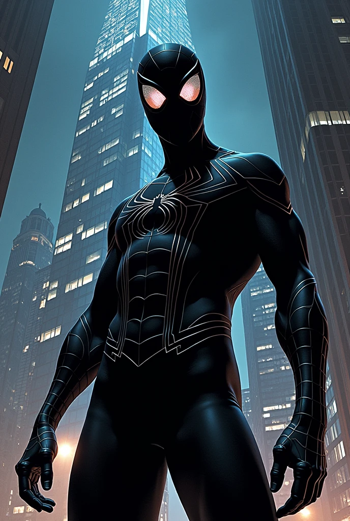 Spider man in black in skyscraper Retro comic style artwork, perfect composition,hyperrealistic,super detailed,high quality,sharp focus,studio photo,intricate details,highly detailed