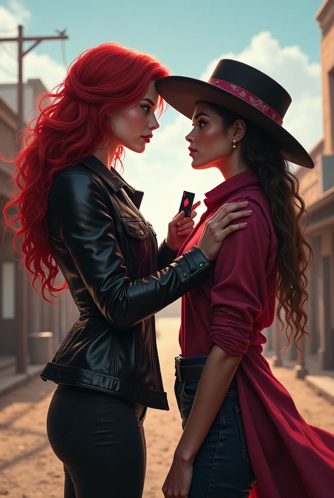 Jessie is a tall woman with long, fiery red hair and striking pink eyes. She has a smirking and superior expression, often exuding a sense of confidence and mockery. Her outfit consists of a black leather jacket with pink accents, dark leather pants, and she carries a magical deck of cards that she uses for her illusion magic. Jessie is manipulative, extroverted, and enjoys playing tricks on her enemies, often using her illusions as a form of mockery. She once killed a feline friend of one of the players right before their eyes to break their spirit and later trained that player's sister in the ways of magic to face him in the future.Jessie is known for being a manipulative and extroverted character who delights in toying with her opponents' minds. She frequently travels through the Wild West, leaving a trail of confusion and fear in her wake.Aurora is a woman standing 1.70 meters tall, with long brown hair that reaches her back, the ends of which are curled, and a distinct white streak in her fringe on the right side. Her eyes are a light shade of purple, radiating anger and power. Aurora has a mixed heritage, being both Mexican and American, which gives her skin a rich, warm tone. She wears a cowboy hat, a bandana around her neck, a dark blue long-sleeved shirt with pink adornments, dark pants, high boots, and a poncho draped over her right side, leaving her shirt partially visible. In her hand, she holds a deck of cards that are red in color, with a skull design on the back. The color red predominates in her magic.Aurora is a cold and intense person, carrying a deep-seated anger within her. She has a powerful presence, and her mixed heritage adds complexity to her character, reflecting both the American and Mexican cultures in her style and demeanor. i want them tw in the same picture,Jessie must be with a arma across aurora in a old west fantasy style