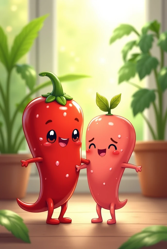 Create an image of two adorable, cartoonish chili characters, one chili and one pink, both with cheerful smiles and tiny arms and legs. They have glossy, semi-transparent surfaces with tiny water droplets, and each has a small leaf on top. The background features a bright and airy indoor setting with green plants and soft natural light, creating a cozy atmosphere. The scene conveys a sense of happiness and friendship, with a gentle bokeh effect in the background.