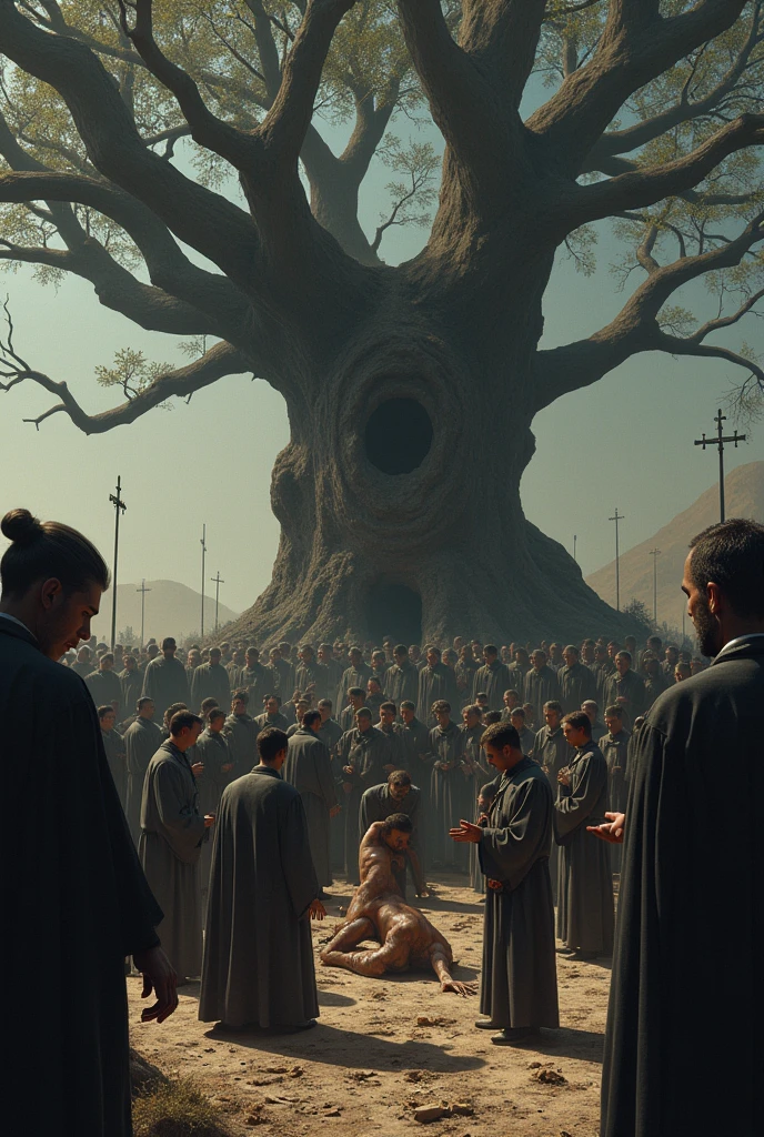 Seminarians being tortured by bad priests under a tree with everyone watching