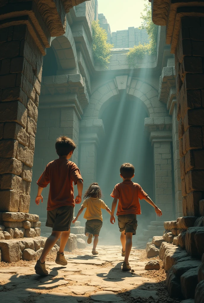 Two boys and a girl escaping from the temple trap