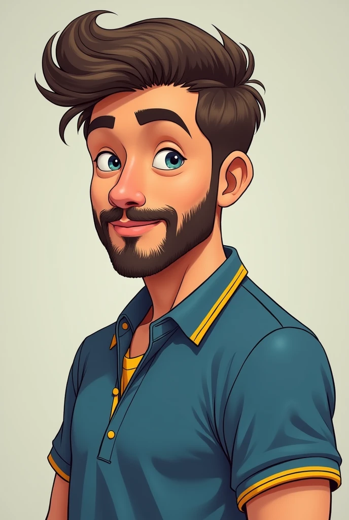 Make a young adult man big nose, short beard, hair with quiff. This one is wearing a blue polo shirt with a yellow collar.. Skinny little tippet