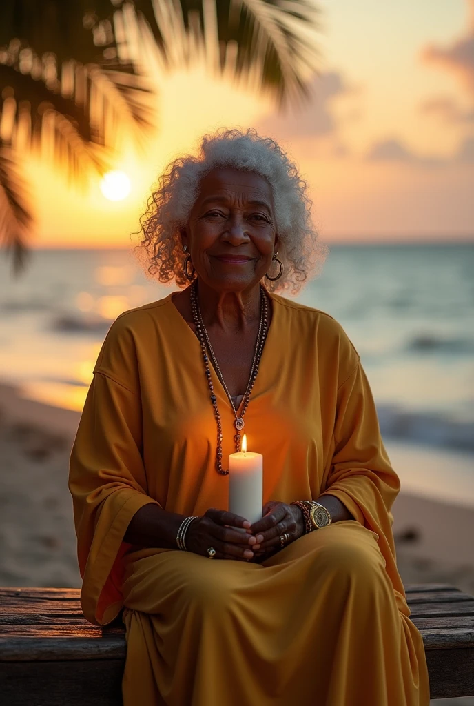 elderly lady, black, medium hair, very curly hair, White hair, Bahian dress, long robe, friendly look, holding a candle in his left hand, sitting on a bench, Holding a rosary in the right hand, beach background, high resolution, realisitic, full hd, mystical gold