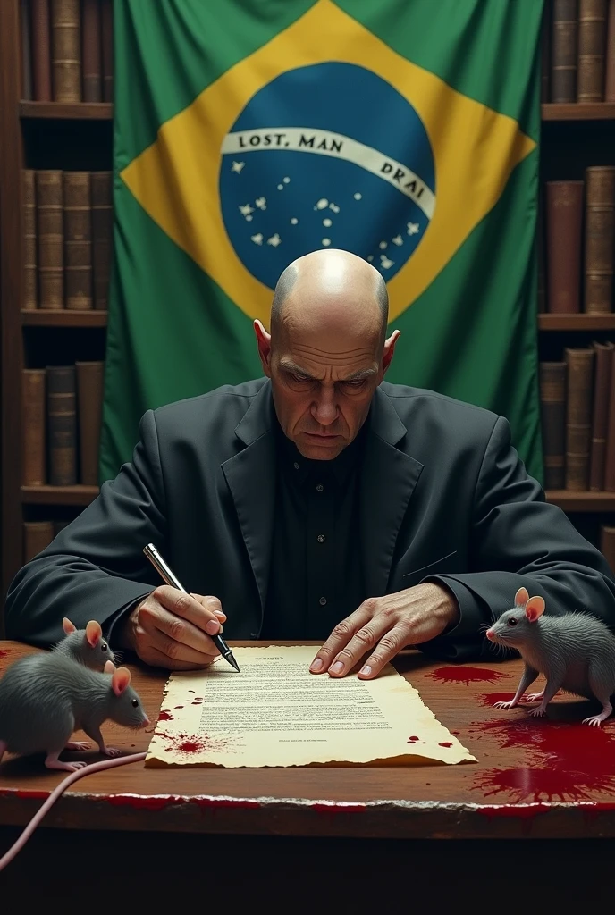 Create a very realistic and macabre scenario, where an authority is found in a judge's office , and this authority signs a bloodstained document on the table, rats run over the document , place a bookshelf with books behind the table with a Brazilian flag with the phrase "Lost, man," written in blood, this authority is completely bald and has a gloomy expression