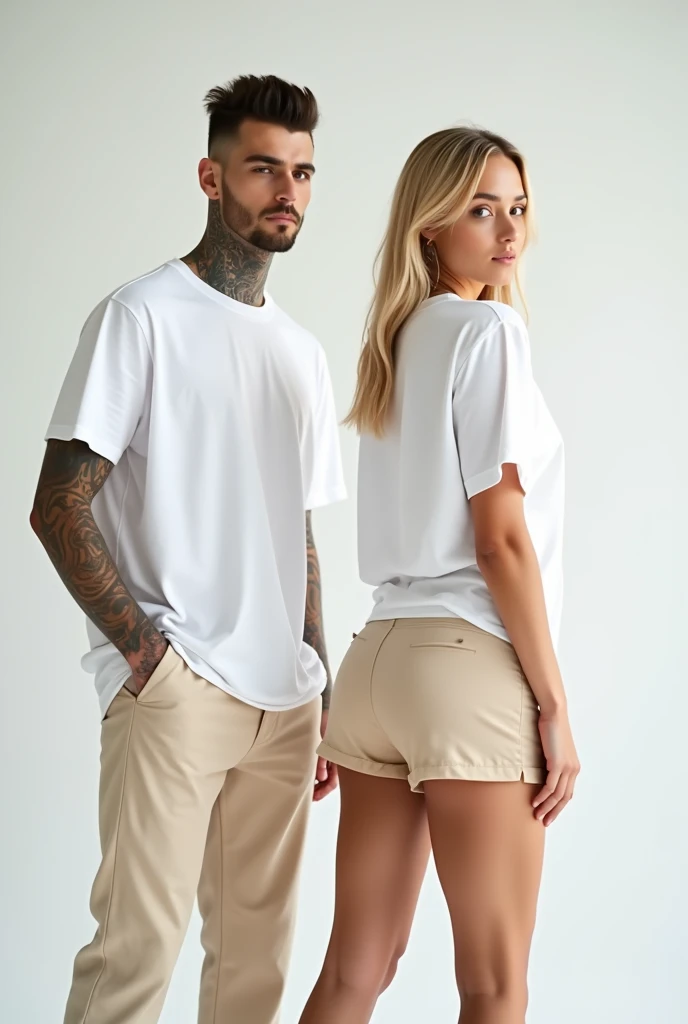 "Fashion studio photograph, white seamless background. Two models: Argentine man, about 30, with a sharp, stylish haircut and neck tattoos; Italian descent woman, about 25, with blonde hair styled in a relaxed manner. Both wearing oversized plain white t-shirts (no design). The man is dressed in loose beige pants and chunky white sneakers, facing the camera directly. The woman, with an emphasis on a toned figure and prominent glutes, is striking a relaxed pose with her back to the camera. She is wearing tight beige sports shorts that accentuate her glutes, making them a focal point of the image."

