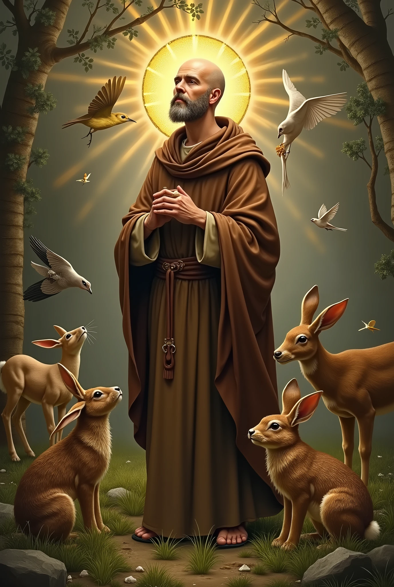 generates an image of Saint. Francisco de Assis remember the top part has no hair, an image with several animals and birds around it, a golden halo around her head