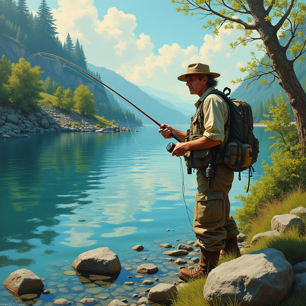 angler Fishing, gouache painting style, gouache opaque colors, matte finish, vibrant hues, dynamic compositions, professional-grade result, adds depth and texture, (best quality, masterpiece, photorealistic), very aesthetic, perfect composition, intricate details, ultra-detailed, vivid colors