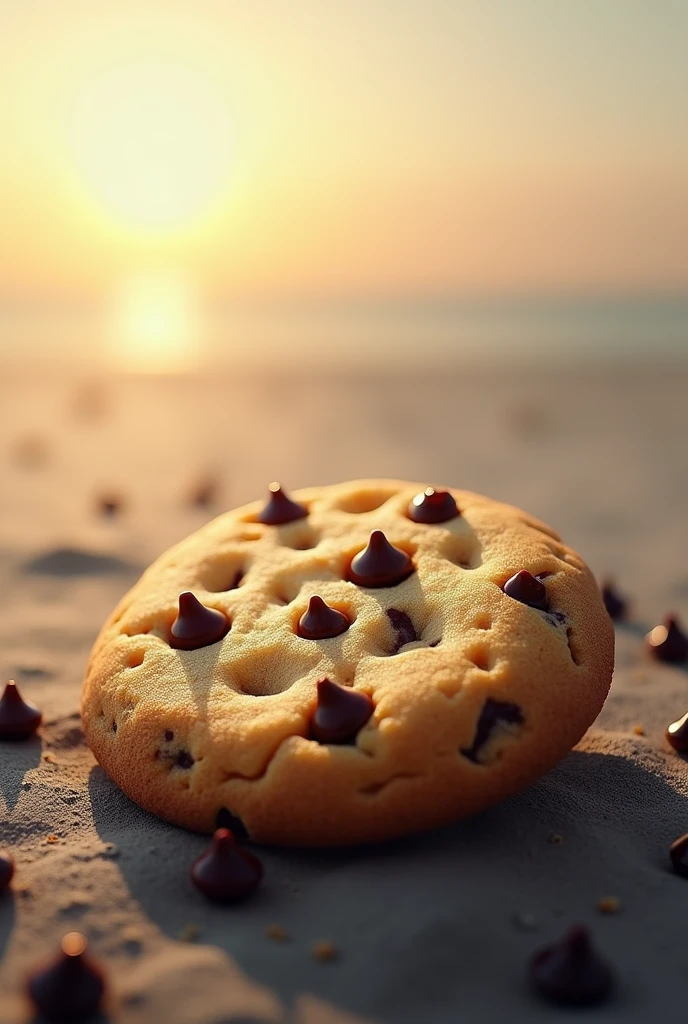 A commercial picture of a chocolate chip cookie lying on the horizon, a horizon is perfectly blended in the background, perfect and delicious, aesthetic, realistic