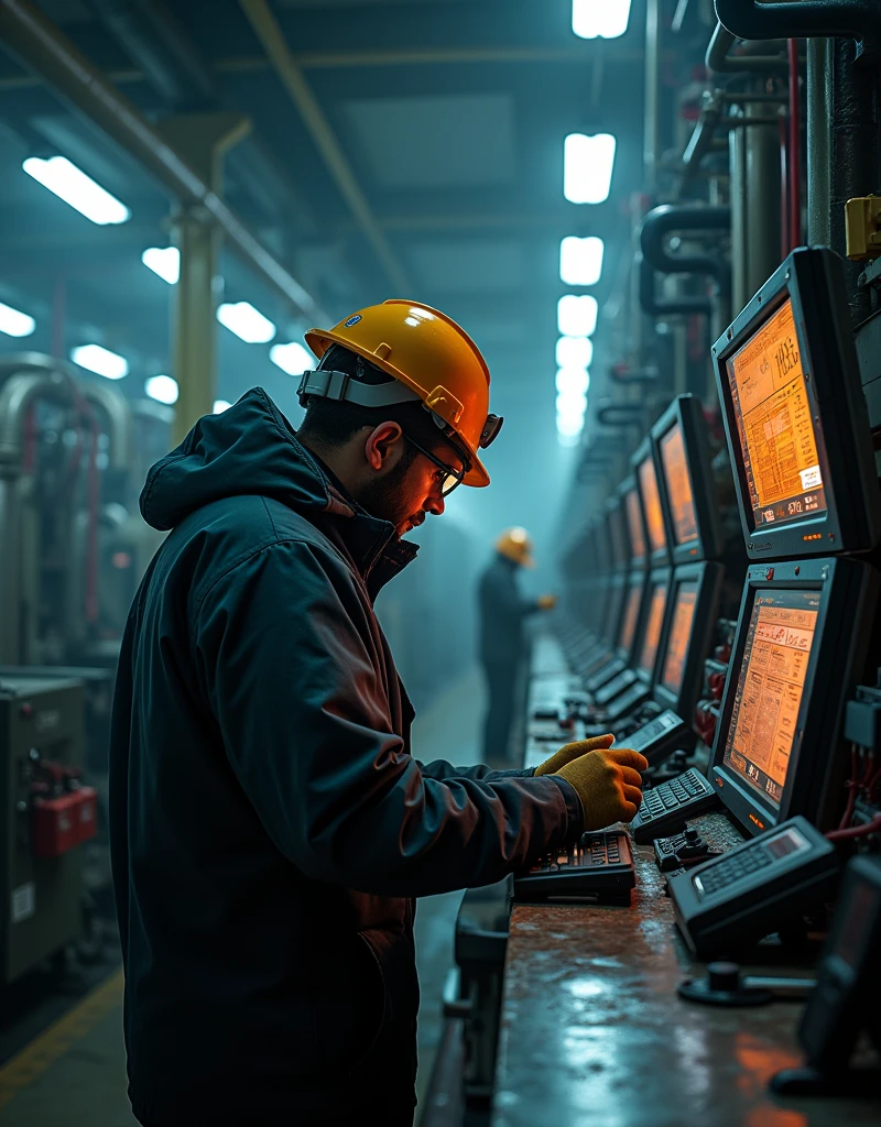 Generate a real image of vibration analyst not showing his face working in energy
plant