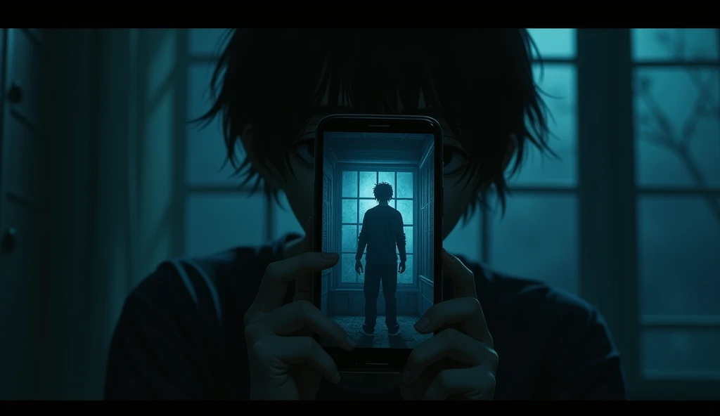 Horror, dark atmosphere, intricate details, cinematic structure, dramatic shadows, mysterious, eerie, otherworldly, subdued color palette, chiaroscuro lighting, ultra-detailed, masterpiece, highest quality, 8k, real, smartphone close up. The screen of a smartphone held by a Japanese teenage boy lights up. A dimly lit room.