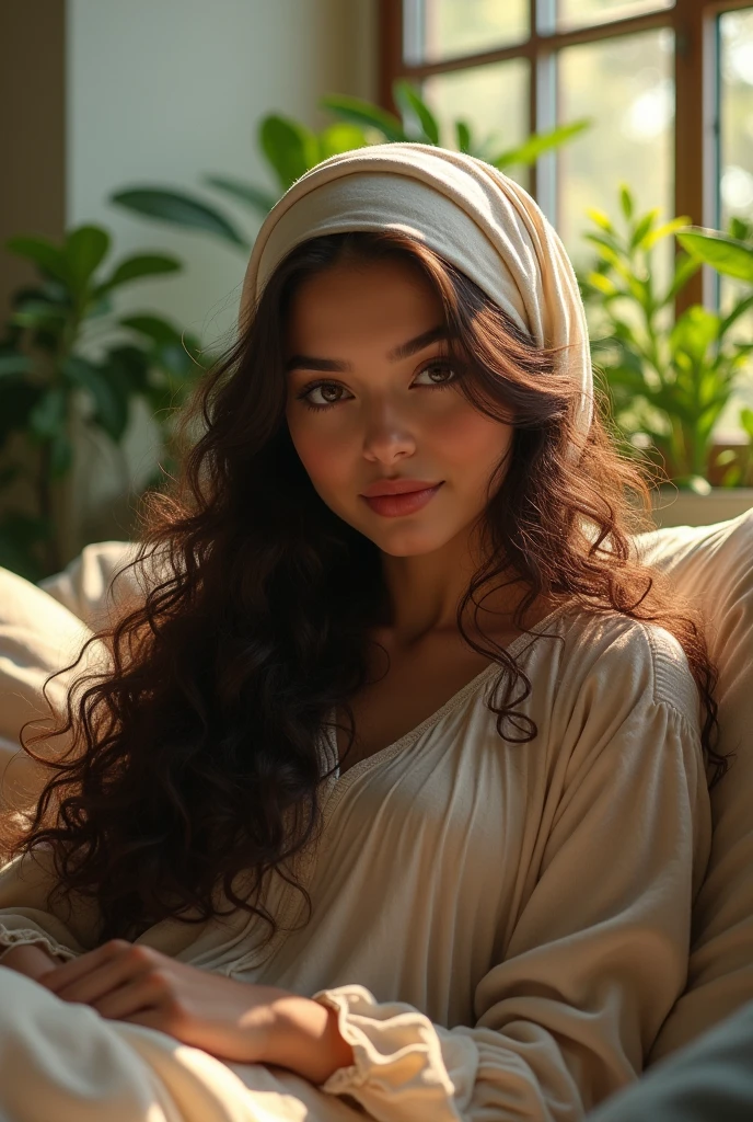 (photorealism:1.2), beautiful woman, sitting on bed, wearing hijab, long curly hair, indoors, soft lighting, plants in background, window with sunlight, cozy room, relaxed pose, realistic, intricate details, warm colors, by Greg Rutkowski, by Alphonse Mucha