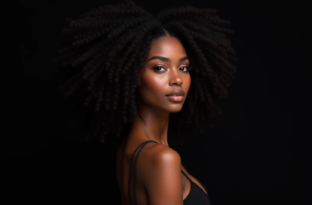 Create a hyper-realistic photo of a (((black woman))) with black hair, shown from the bust up, with her entire upper body fully visible within the frame. Her hair should be extremely voluminous, well-groomed and perfectly styled, emphasizing her fullness and health. Make sure the woman is portrayed with a clear and natural expression. The background should be (((completely black))), such as a studio backdrop or transparent, with no details or distractions, just a smooth white surface. Use soft, flattering lighting to highlight the texture and shine of her hair and skin. The photo should be ultra-photorealistic, crystal clear, 8K UHD, with fine detail and a high-quality polished finish. Make sure the entire image is sharp and in focus, with no blur or softness. Use the lens wide open for maximum sharpness and ensure that every detail in the image is perfectly clear and in focus.