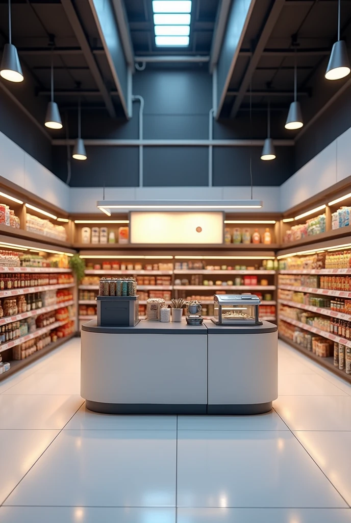 Create images of: empty coffee stand without products 3 rows in the center of a supermarket