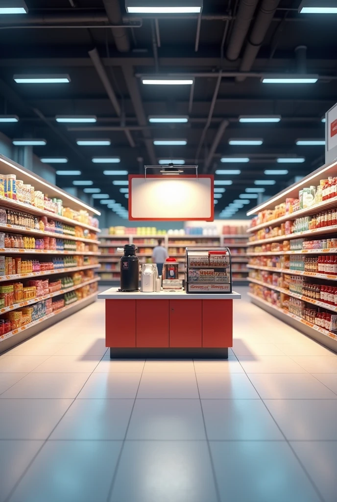 Create images of: empty coffee stand without products 3 rows in the center of a supermarket