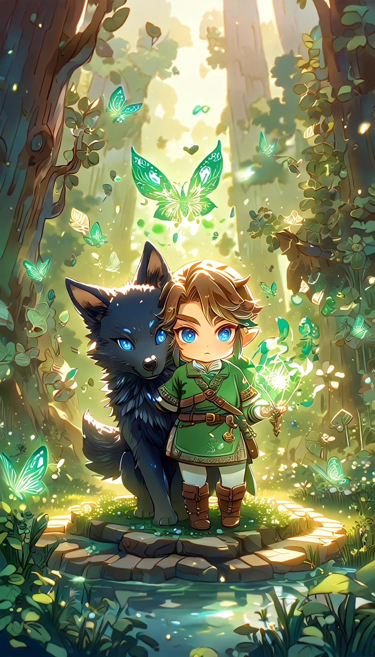 most absurd, highres, extremely detail, HDR, masterpiece, best quality, extremely detail, Chibi-Link, Brown hair, expressive blue eyes, the legend of zelda: Twilight Princess, Boy hugs a black wolf, adorable, small, Good looking, green tunic, Magikal, Fantasies, Magik, green fire, woods, glittering, green butterflies, green petals, green flowers