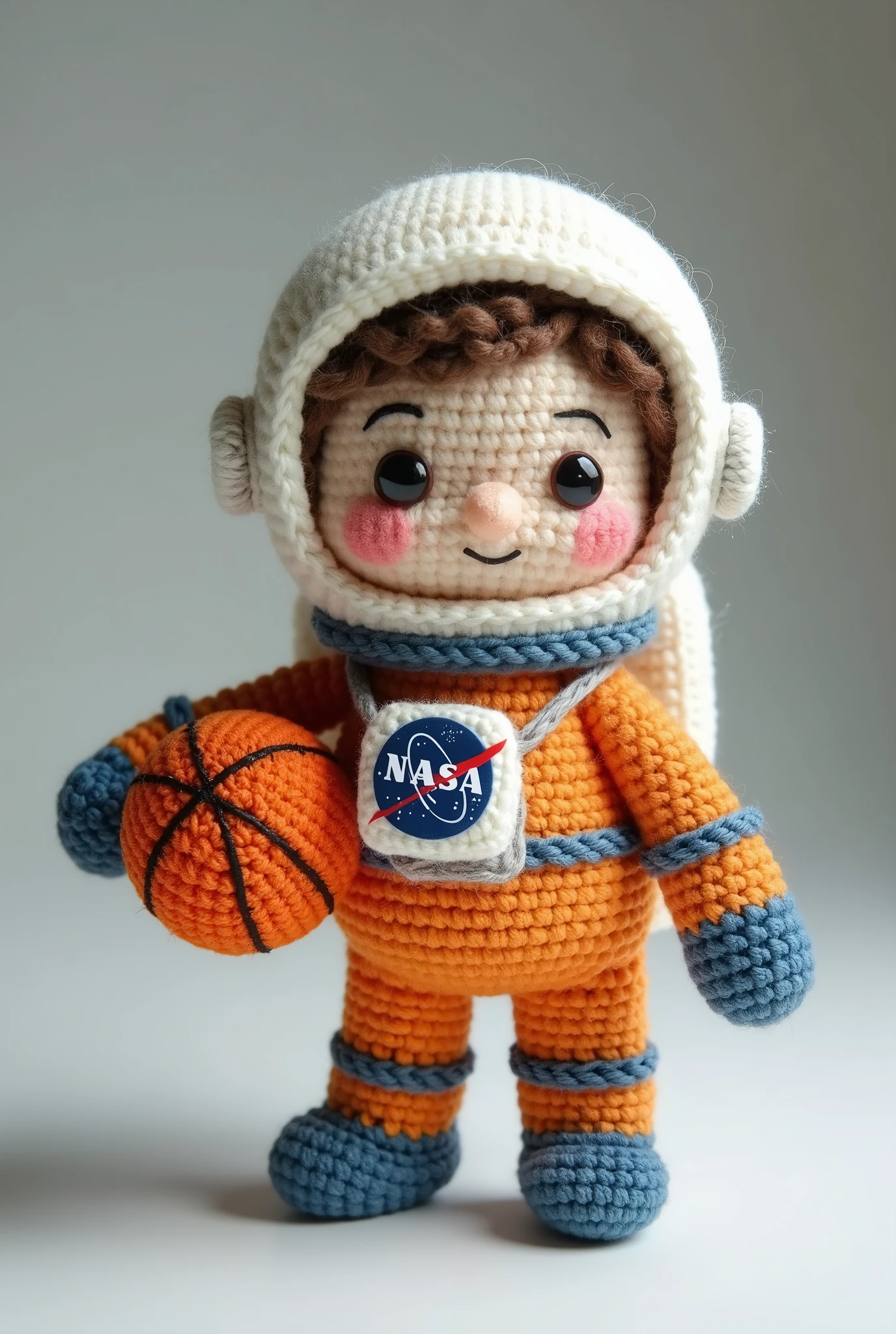 An astronaut with a basketball, in arigurumi format to make


