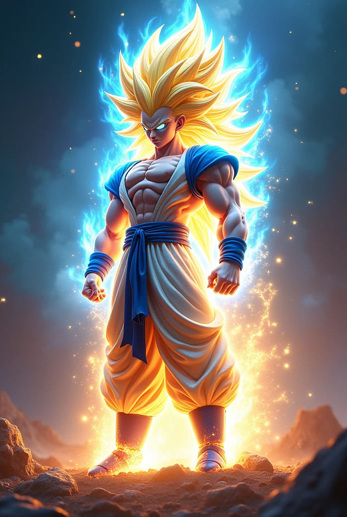 Create a completely new and advanced super saiyajin form with blender hair, blender eyes and blender aura