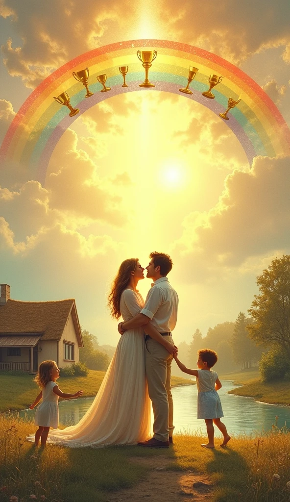 Create a serene and joyful scene for the "Ten of Chalices" card, inspired by the traditional Rider-Waite deck. Depict a man and a woman standing together, embracing each other lovingly, with their arms raised toward the sky in celebration. They are facing a radiant rainbow arching across the top of the image, with ten chalices placed evenly along the rainbow. Below them, two children, a boy and a girl, are playing joyfully in the foreground, symbolizing harmony and happiness. The setting is a peaceful countryside with a small, cozy cottage in the background and a clear river flowing nearby. The sky is bright and filled with a warm, golden light, enhancing the feeling of contentment and fulfillment. The overall atmosphere should evoke a sense of completion, familial love, and divine blessing, consistent with the angelic theme of the Lumen Angelis tarot deck.