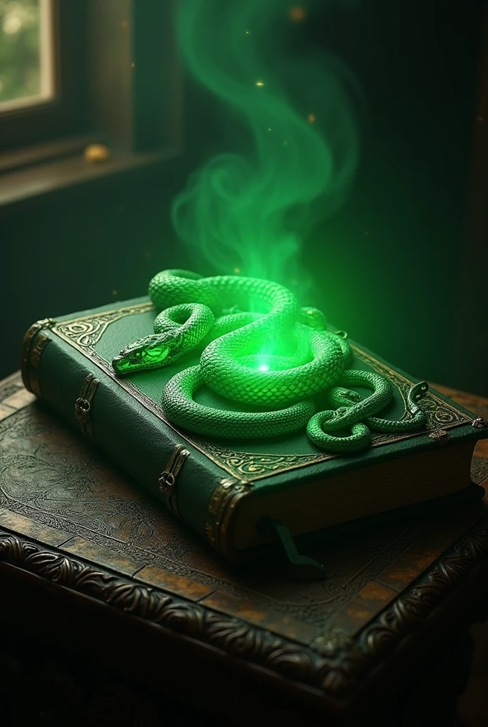 Magic RPG book releasing green rays, the cover is made of leather and has a green snake