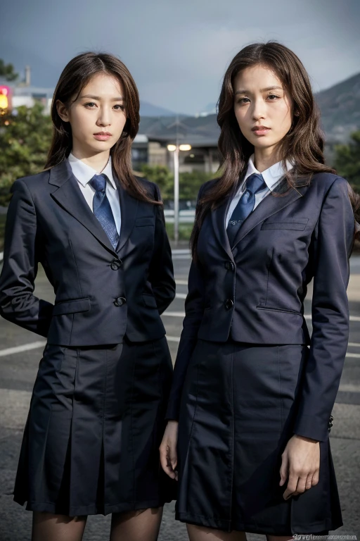 highest quality，ridiculous，Dramatic，2 Arav ladies wearing realistic school uniforms，2 female students，Very detailed details of the face，Real skin texture，HD Skin，Night view，Standing in the school square, Still image of 007, Pageant rendering, model, Luxury, Shoulders visible, Network mode, Still frame from movie - ar 16:9 