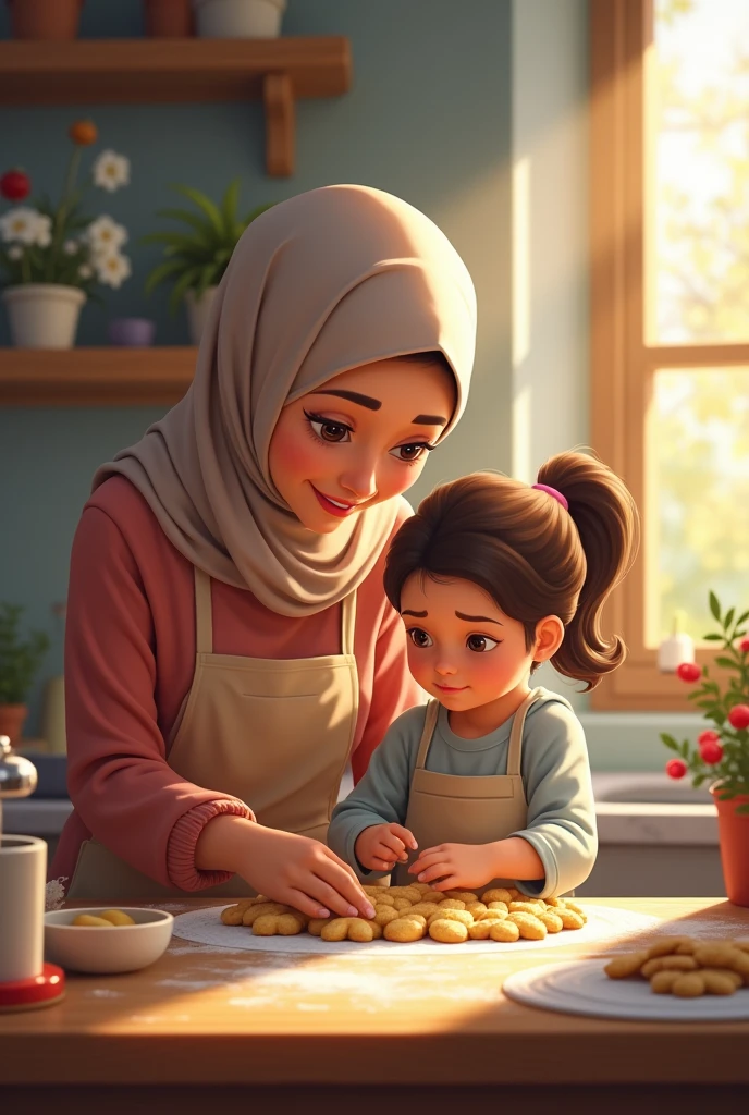 Mom with hijab bakes cookies with her daughter