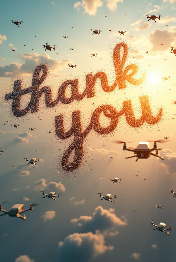 There are millions of drones is flying at sky and says THANK YOU at sun time at image size 18*12 and say thank you