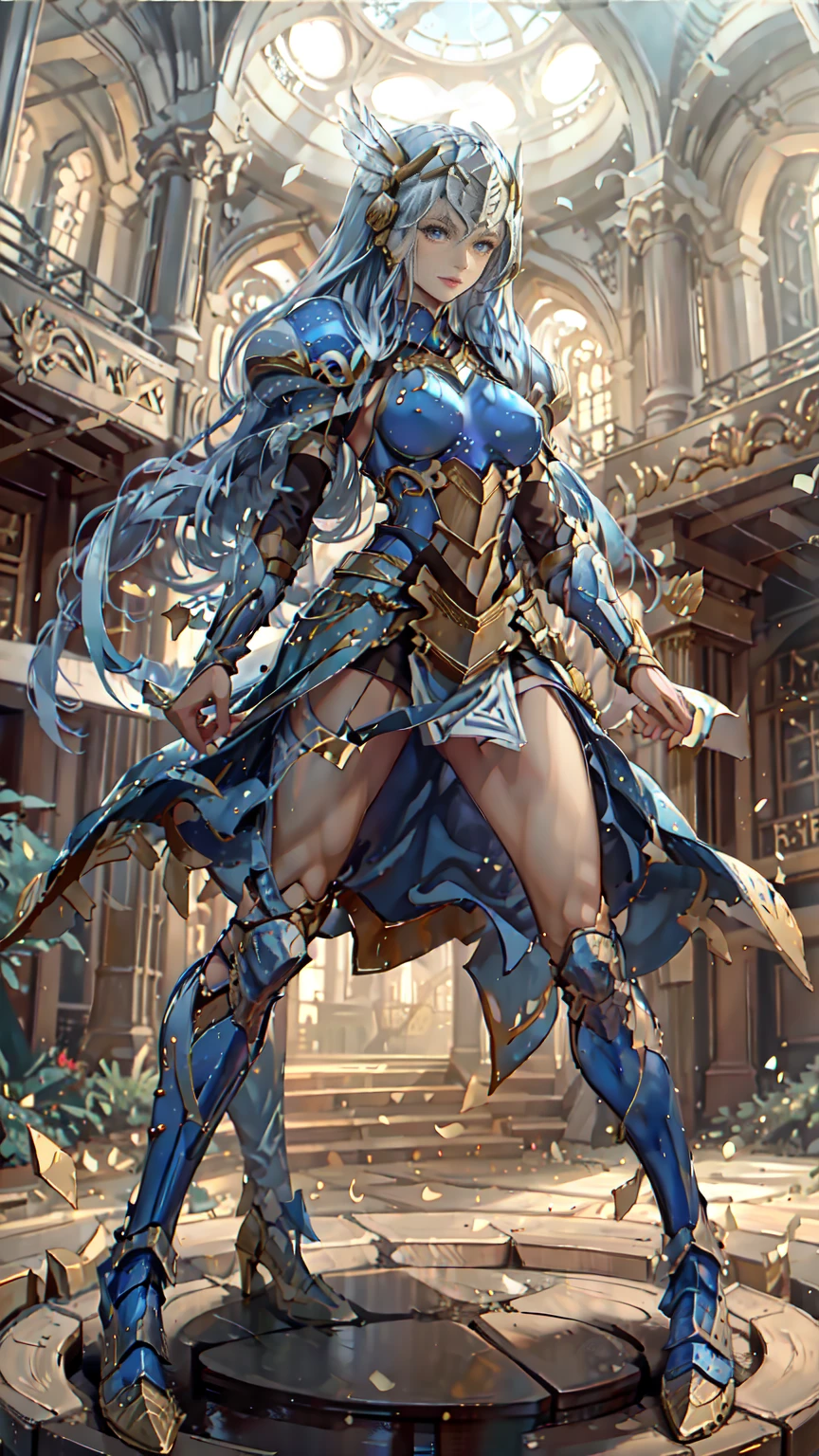 Lenneth from 'Valkyrie profile', BREAK: bright_gold_trimmed_sapphire_blue_plate mech4rmor, (boob window in armor), thigh cutout, long skirt, BREAK: standing, contrapposto stance, light smile, castle ruins, fluffy snow falls, BREAK: intricately detailed eyes, detailed face, detailed hands, cinematic lighting, moody atmosphere, (16k, absurdres, masterpiece, best quality), wings