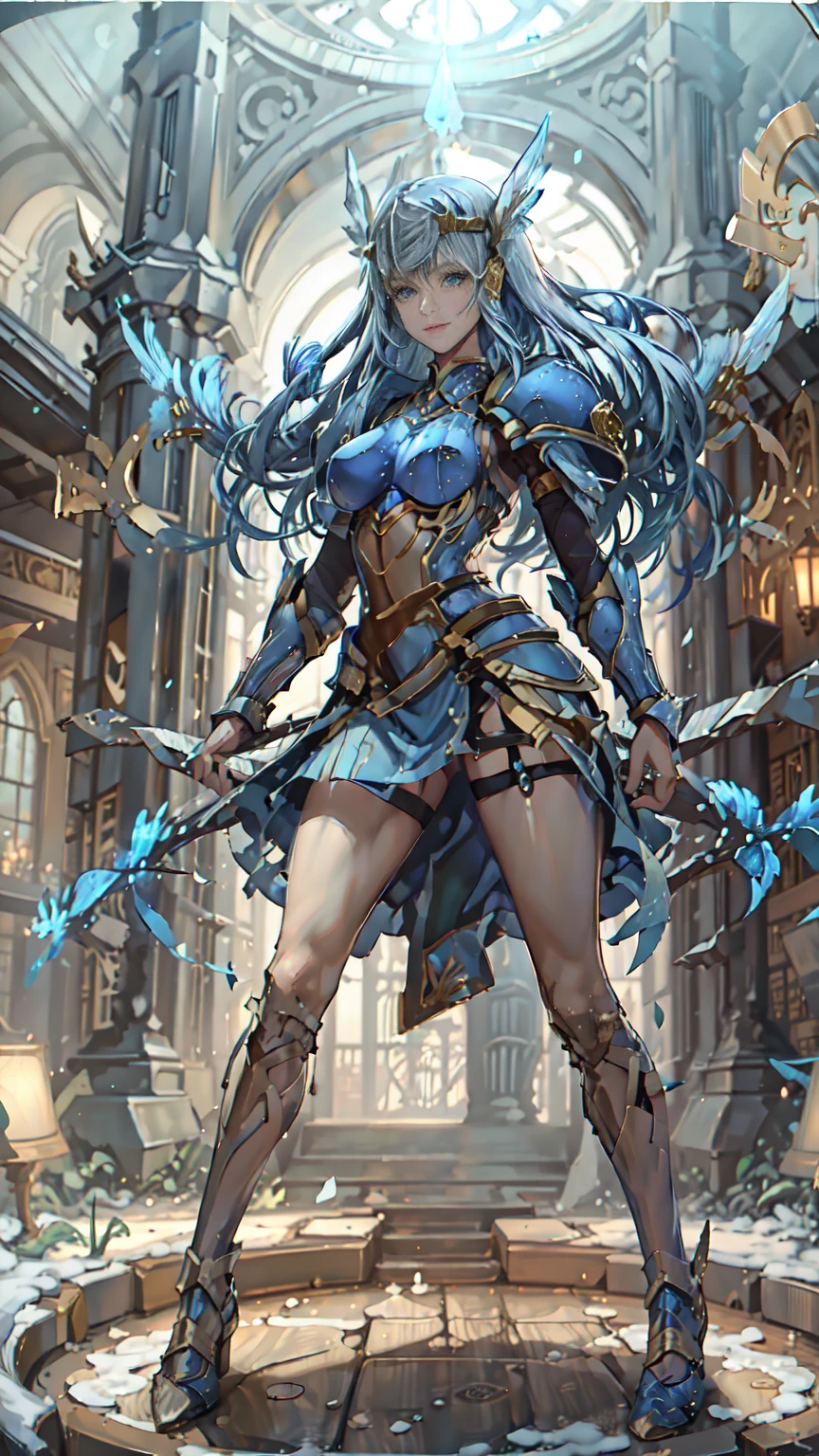 Lenneth from 'Valkyrie profile', BREAK: bright_gold_trimmed_sapphire_blue_plate mech4rmor, (boob window in armor), thigh cutout, long skirt, BREAK: standing, contrapposto stance, light smile, castle ruins, fluffy snow falls, BREAK: intricately detailed eyes, detailed face, detailed hands, cinematic lighting, moody atmosphere, (16k, absurdres, masterpiece, best quality), wings