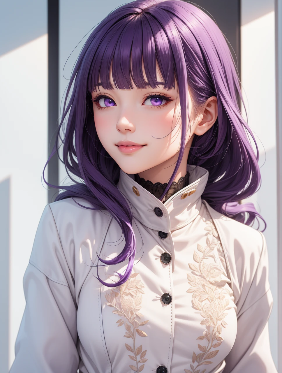 (masterpiece, best quality), intricate details, thin, ((slim)), beautiful girl, purple hair, blunt bangs, light purple eyes, sharp jawline, white coat, long hair, lips, upper body, close up, smirk