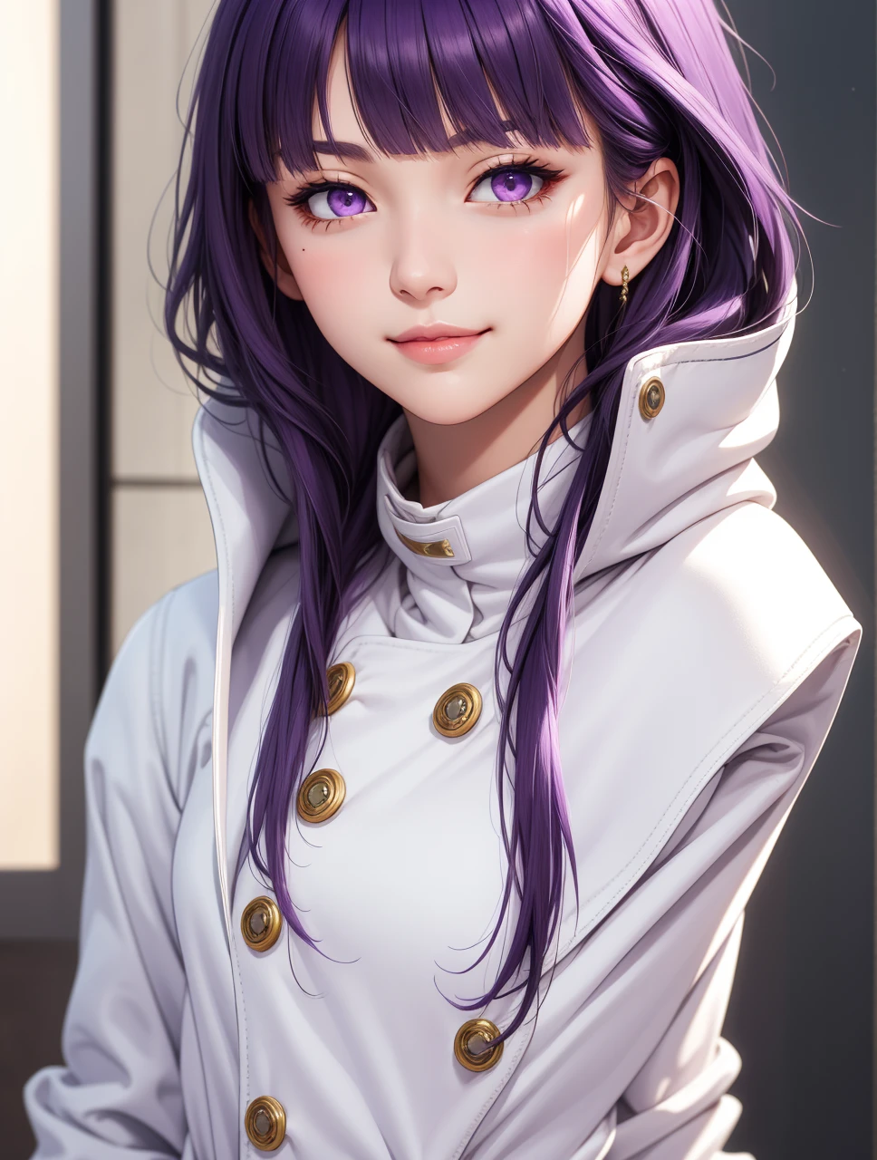 (masterpiece, best quality), intricate details, thin, ((slim)), beautiful girl, purple hair, blunt bangs, light purple eyes, sharp jawline, white coat, long hair, lips, upper body, close up, smirk