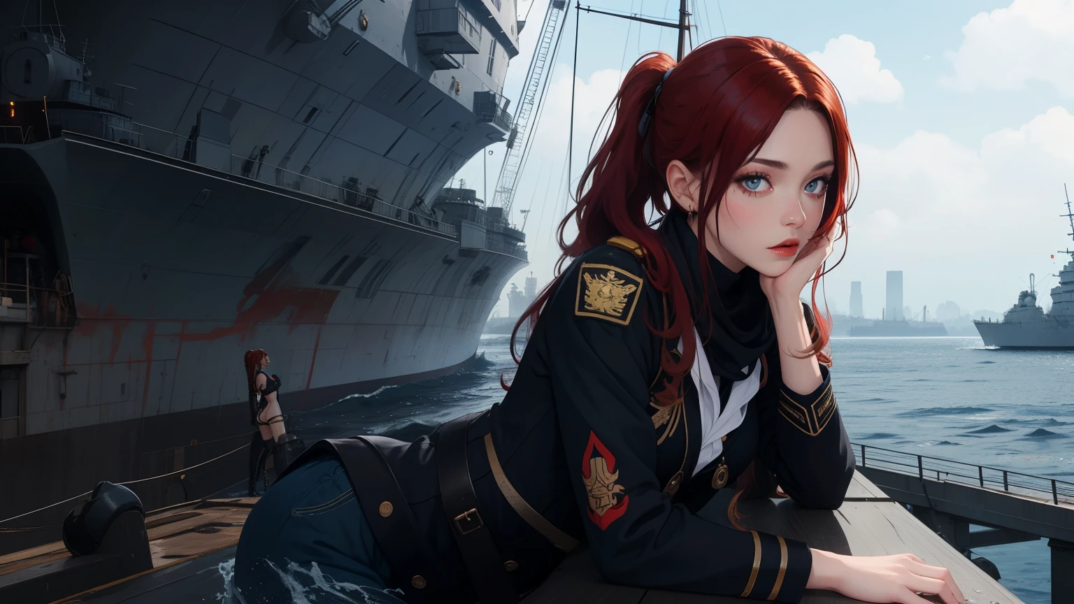 Hot young woman, long red hair, ponytail, admiral's uniform, many nautical tattoos, black make-up, high boots, high quality, best quality, high details, blue eyes, perfect body, old battleship in backround, dangerous face, navy, guns, masterpiece, multi layer, scar on her right eye