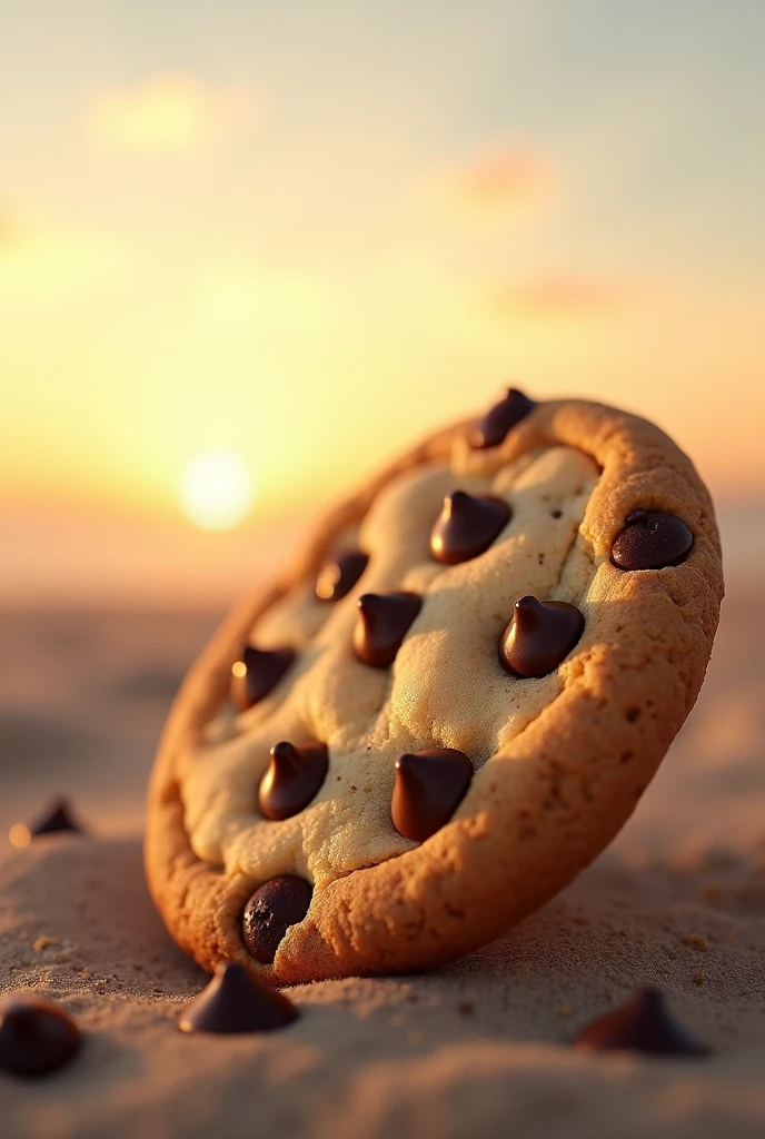 A commercial picture of a chocolate chip cookie lying on the horizon, a horizon is perfectly blended in the background, perfect and delicious, aesthetic, realistic