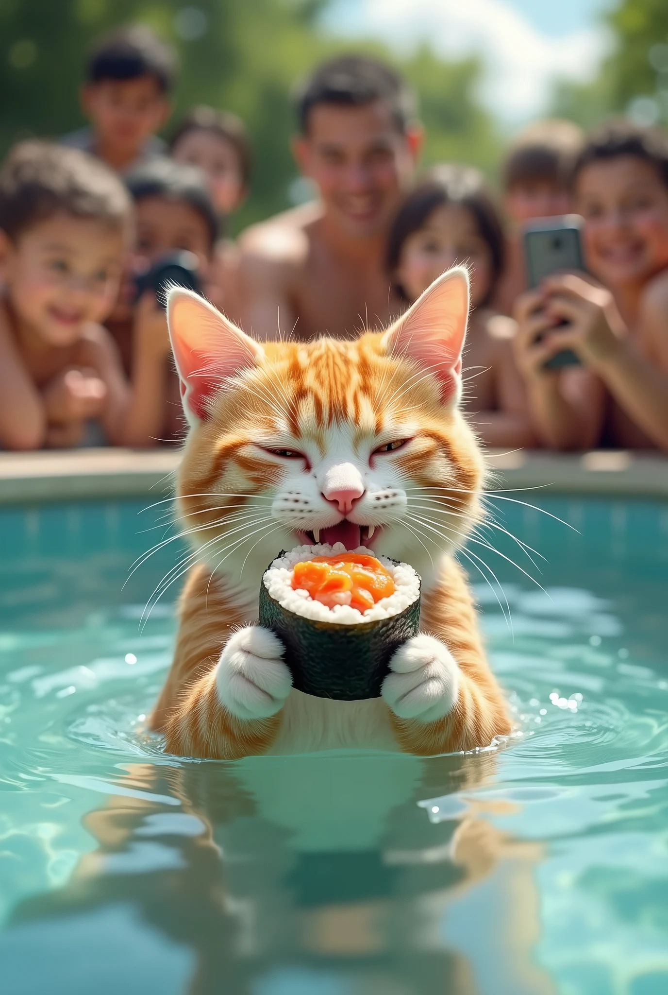 Creating a cat taking a bath and eating sushi inside the beautiful pool full of humans photographing him and children smiling