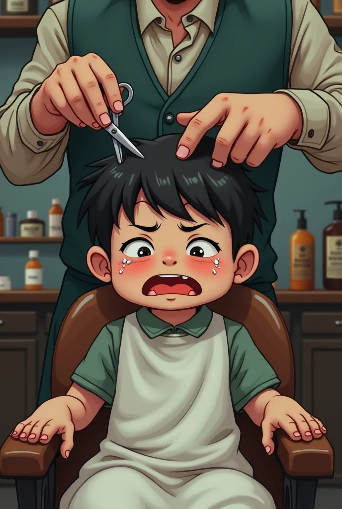A child wearing a white apron is sitting in a barber shop and crying, and the barber is cutting his hair with scissors.