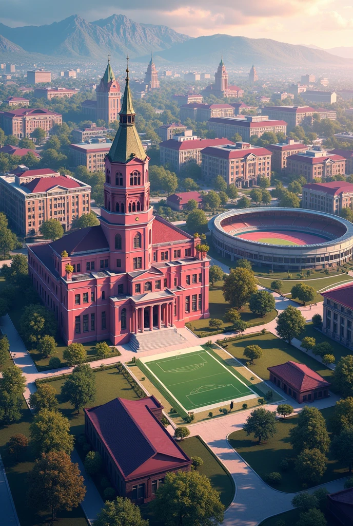University town, full of university buildings. With a football stadium, another athletics stadium and an indoor stadium for volleyball and basketball.. Illuminated city with a pink museum in the city center