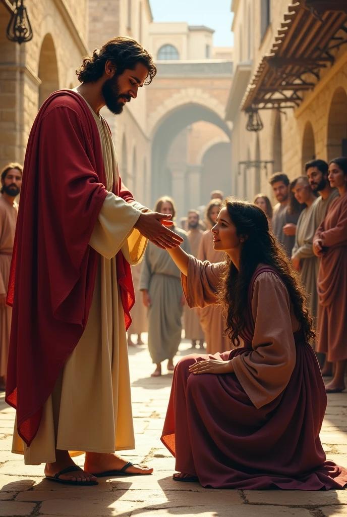 Short-haired Jesus welcoming the sinful woman in Jerusalem