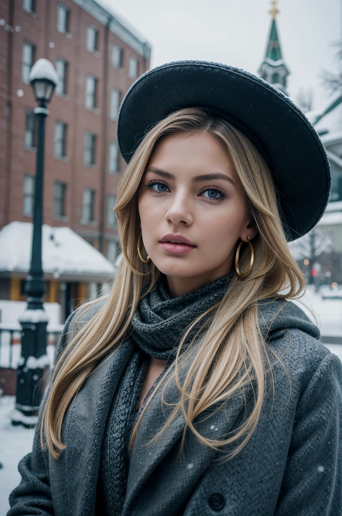  Cowboy shot , standing pose, before Moscow Church, looking at viewer,  Russian girl, 1 old, (Blond hair, middle hair ,  wince, Gray eyes, beautiful lip,  serious),  gold crescent earrings, gold neckless, (Black Mink Cossack hat, Overcoat for cold weather, Blue Denim, White cashmere scarf,  knit wool gloves) ,  winter, fall snow,  Moscow city, textured skin , HI detailed skin, (foreshortening, Canon, anatomically correct,  super detail, high details, highness, 