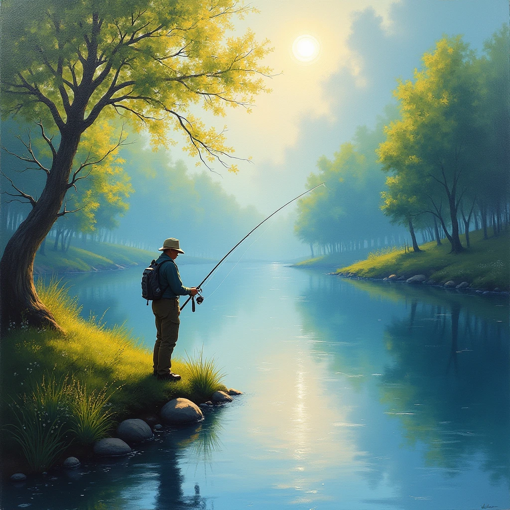 angler Fishing, Impressionism painting art style, loose brushwork, captures the fleeting effects of light and atmosphere, (best quality, masterpiece, photorealistic), very aesthetic, perfect composition, intricate details, ultra-detailed, vivid colors