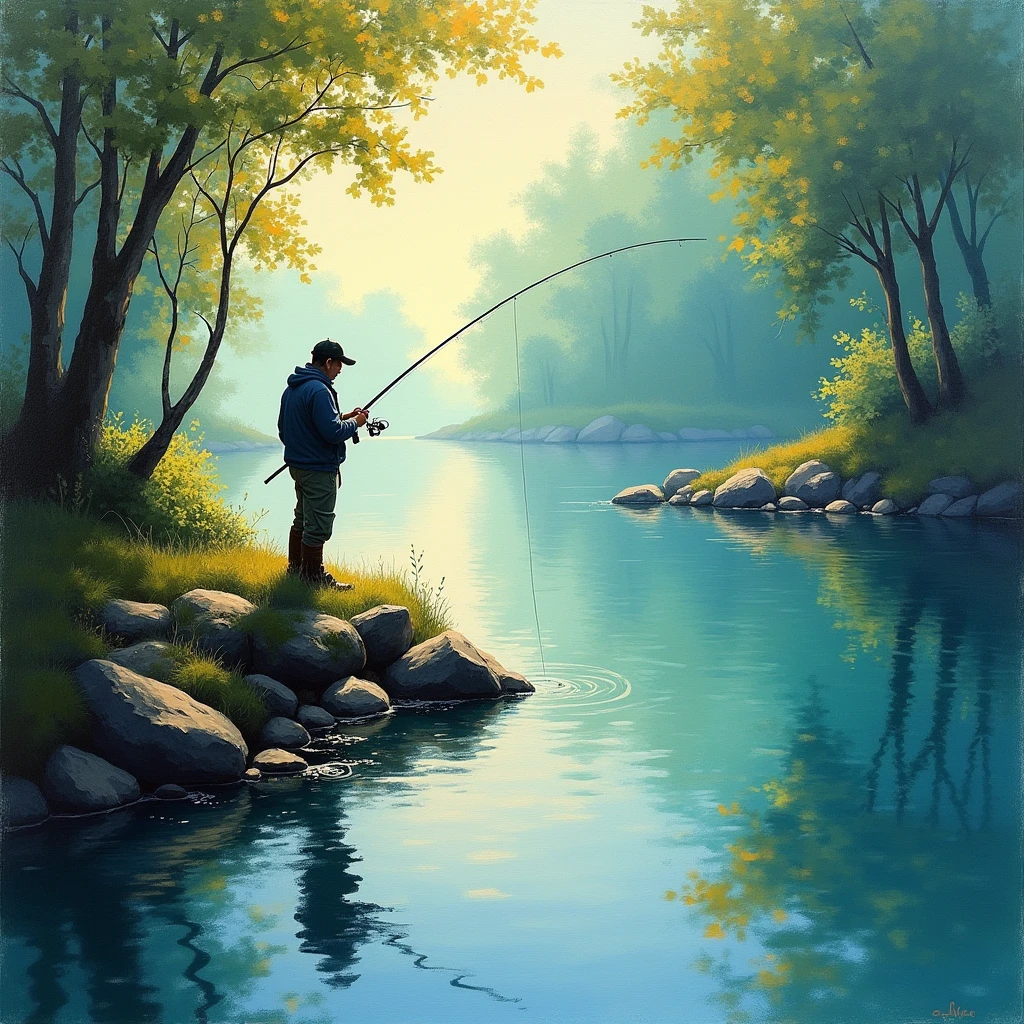 angler Fishing, Impressionism painting art style, loose brushwork, captures the fleeting effects of light and atmosphere, (best quality, masterpiece, photorealistic), very aesthetic, perfect composition, intricate details, ultra-detailed, vivid colors