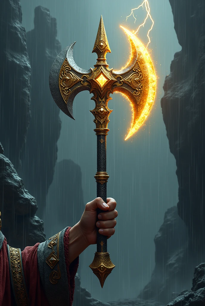 Gold and metal mixed  axe on black rock with heavy rain and yellow thunder weather condition