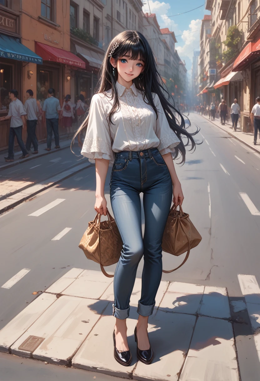 score_9, score_8_up,score_7_up, masterpiece, best quality, perfect anatomy, very aesthetic, official art, 8k,anime girl, Beautiful facial features, Beautiful make-up, long black hair, Blue eyes, smiling, sexy, good body,Dressed in a White Blouse with Small Jewelry, jeans, Shoes Amber, standing on the street, it&#39;s raining, промокла, bright colors, Clear drawing of details, umbrella, wind, Flying Leaflets, The lantern is burning, Light Falls on the Girl, dark, night, the stars are shining, bright stars, Milky Way, Clear Sky Picture, masterpiece, Full elaboration of details, Clear Picture of the Highest Quality,