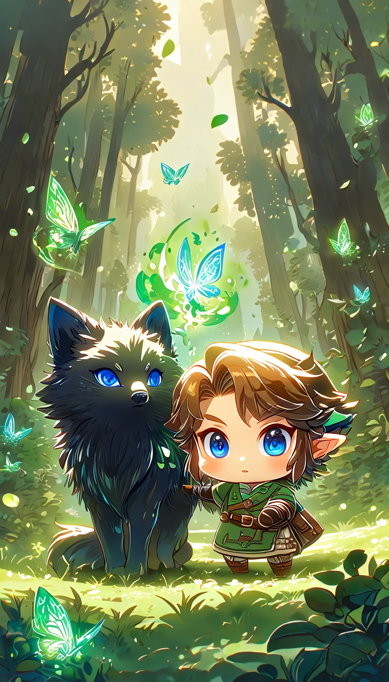 most absurd, highres, extremely detail, HDR, masterpiece, best quality, extremely detail, Chibi-Link, Brown hair, expressive blue eyes, the legend of zelda: Twilight Princess, Boy hugs a black wolf, adorable, small, Good looking, green tunic, Magikal, Fantasies, Magik, green fire, woods, glittering, green butterflies, green petals, green flowers