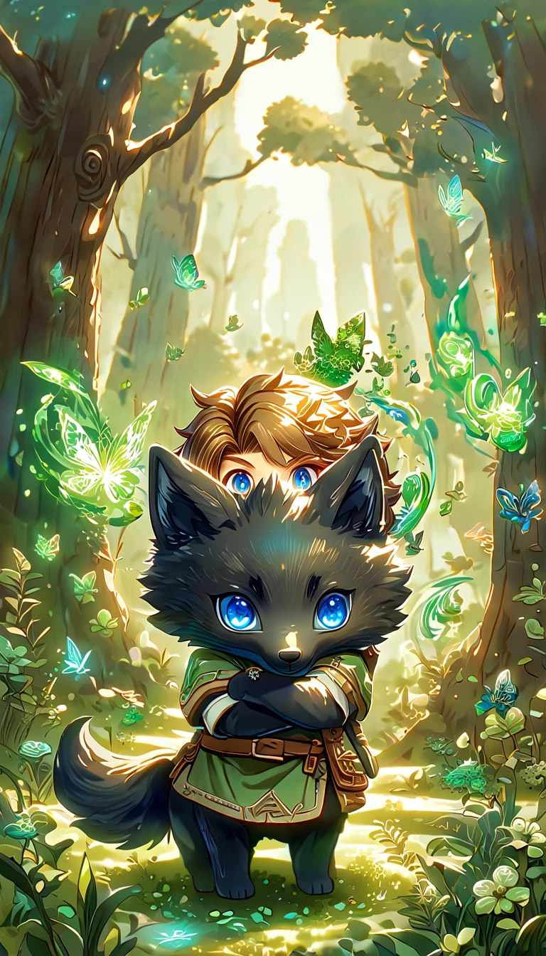 most absurd, highres, extremely detail, HDR, masterpiece, best quality, extremely detail, Chibi-Link, Brown hair, expressive blue eyes, the legend of zelda: Twilight Princess, Boy hugs a black wolf, adorable, small, Good looking, green tunic, Magikal, Fantasies, Magik, green fire, woods, glittering, green butterflies, green petals, green flowers