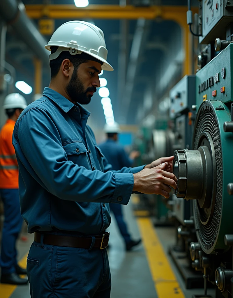 Generate a real image of Pakistani vibration analyst not showing his face working in energy
plant