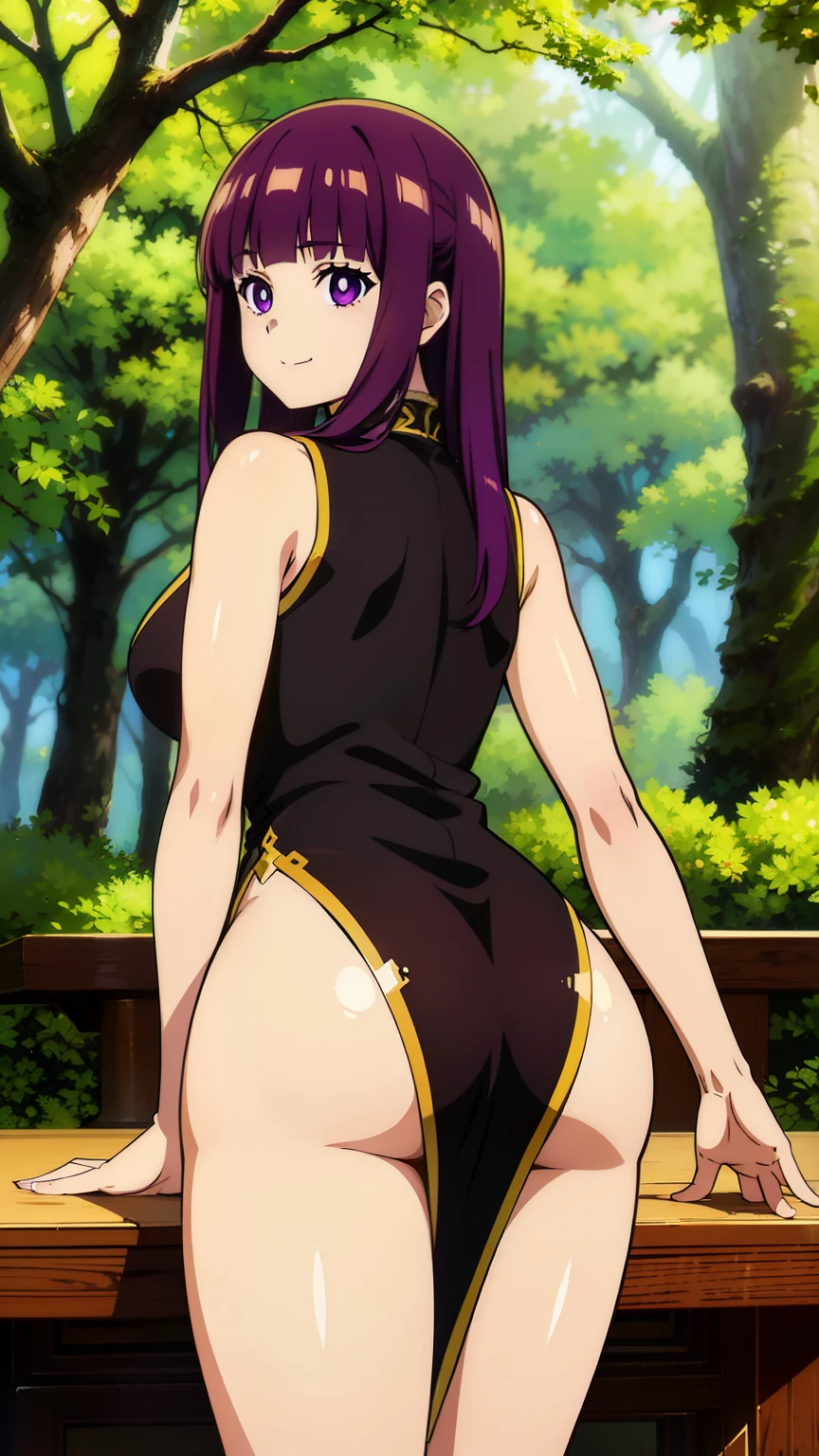 freirenfern, fern, purple hair, long hair, purple eyes, blunt bangs, goddess of beauty, ((perfect anatomy)), image from behind, bright pupils, (thick ass, one girl), bending over a table, flaunting breedable pucy, smiling, (masterpiece, highest quality, high resolution, 8K:1.2), (anime), super resolution, highly detailed and beautiful, highly detailed beautiful girl, highly detailed face, highly detailed eyes, perfect anatomy, cowboy shot, highly detailed cg unity 8k, (chinese cheongsam, forest),