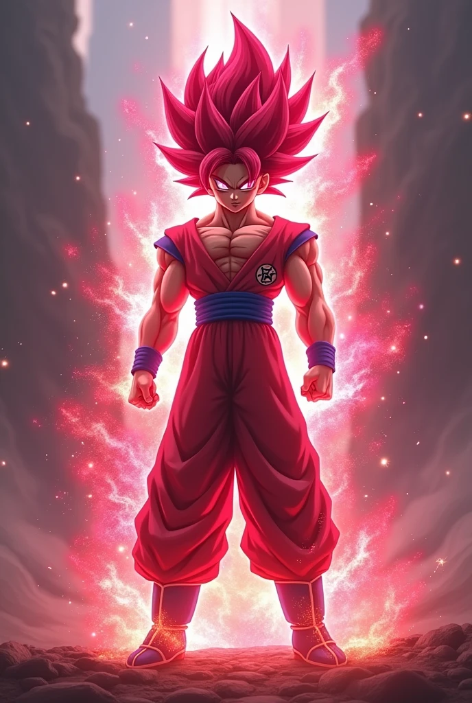 Create a completely new and advanced super saiyajin form with cranberry hair, cranberry augen und cranberry aura