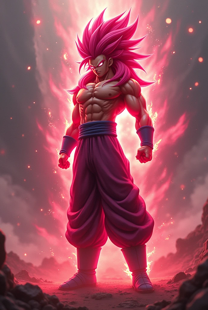 Create a completely new and advanced super saiyajin form with cranberry hair, cranberry augen und cranberry aura