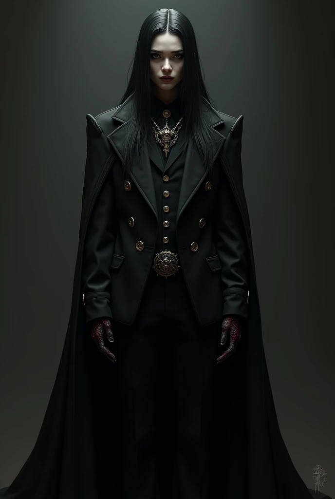 The Antichrist is about 20 years old, with white skin and long, straight black hair. His eyes are intense and dark, and his face is angular and striking. He wears sophisticated and dark clothes, like a black suit or a long cape with subtle red or silver accents. Accessories such as rings or necklaces with occult symbols complete your look.. His posture is confident and imposing, projecting a threatening and attractive aura. Make the full body image 